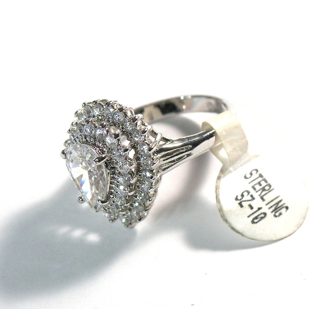 LINDENWOLD Vintage Cocktail Ring- 925 Sterling - Pear CZ w/ baguettes Size10 - Picture 3 of 12